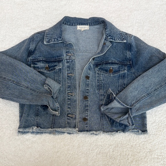 Harper Jackets & Blazers - Cropped raw hem Denim Blue Jacket sz L